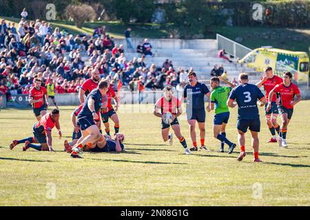 Madrid, Madrid, Spanien. 5. Februar 2023. Estanislao Bay (Spanien) in Aktion während des Rugby-Spiels zwischen Nationalmannschaften Spaniens und der Niederlande, das am Sonntag, den 05. Februar 2023, in Madrid, Spanien, im Estadio Nacional gefeiert wurde. Gültig für die Rugby-Europameisterschaft (Kreditbild: © Alberto Gardin/ZUMA Press Wire) REDAKTIONELLER GEBRAUCH! Nicht für den kommerziellen GEBRAUCH! Stockfoto