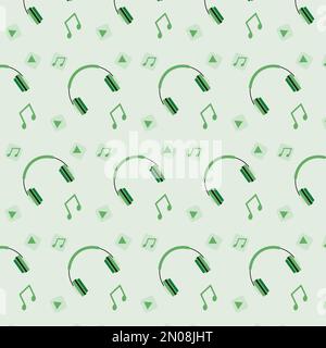 Nahtloses Muster mit Kopfhörern und Noten. Darstellung eines nahtlosen Musikmusters, Hintergrund mit Kopfhörern und Soundsymbolen, Doodle Stock Vektor