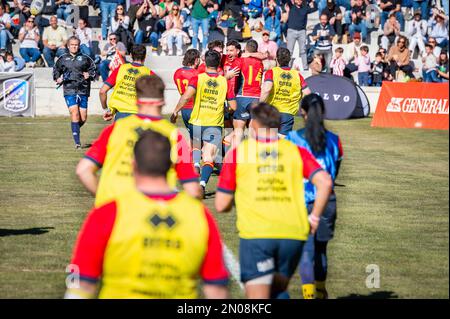 Madrid, Madrid, Spanien. 5. Februar 2023. Die spanische Rugby-Mannschaft feiert den Sieg während des Rugby-Spiels zwischen den Nationalmannschaften von Spanien und Holland, das am Sonntag, den 05. Februar 2023, im Estadio Nacional in Madrid, Spanien, gefeiert wurde. Gültig für die Rugby-Europameisterschaft (Abbild: © Alberto Gardin/ZUMA Press Wire), REDAKTIONELLE VERWENDUNG! Nicht für den kommerziellen GEBRAUCH! Stockfoto