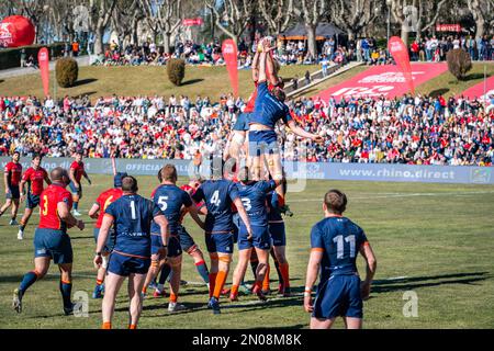 Madrid, Madrid, Spanien. 5. Februar 2023. Joshua Peters (Spanien) in Aktion während des Rugby-Spiels zwischen Nationalmannschaften Spaniens und der Niederlande, das am Sonntag, den 05. Februar 2023 in Madrid, Spanien, im Estadio Nacional gefeiert wurde. Gültig für die Rugby-Europameisterschaft (Abbild: © Alberto Gardin/ZUMA Press Wire) REDAKTIONELLER GEBRAUCH! Nicht für den kommerziellen GEBRAUCH! Stockfoto