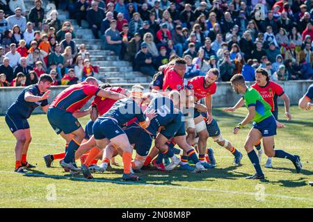 Madrid, Madrid, Spanien. 5. Februar 2023. Thierry Futeu (Spanien) in Aktion während des Rugby-Spiels zwischen den Nationalmannschaften Spaniens und der Niederlande, das am Sonntag, den 05. Februar 2023 in Madrid, Spanien, auf der Estadio Nacional gefeiert wurde. Gültig für die Rugby-Europameisterschaft (Kreditbild: © Alberto Gardin/ZUMA Press Wire) REDAKTIONELLER GEBRAUCH! Nicht für den kommerziellen GEBRAUCH! Stockfoto