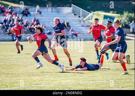 Madrid, Madrid, Spanien. 5. Februar 2023. Estanislao Bay (Spanien) in Aktion während des Rugby-Spiels zwischen Nationalmannschaften Spaniens und der Niederlande, das am Sonntag, den 05. Februar 2023, in Madrid, Spanien, im Estadio Nacional gefeiert wurde. Gültig für die Rugby-Europameisterschaft (Kreditbild: © Alberto Gardin/ZUMA Press Wire) REDAKTIONELLER GEBRAUCH! Nicht für den kommerziellen GEBRAUCH! Stockfoto