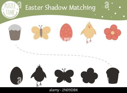 Ostern-Schattenspiel für Kinder. Christliches Feiertagsrätsel für Vorschulkinder. Süßes Frühlings-Rätsel. Finde das richtige Silhouettenspiel. Stock Vektor