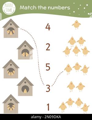 Passendes Spiel mit Stars-Häusern und süßen Mädels. Mathematikaktivität zu Ostern für Vorschulkinder. Arbeitsblatt zum Zählen von Frühjahren. Pädagogisches Rätsel mit Fu Stock Vektor