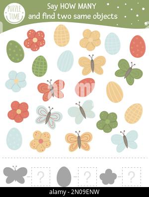 Osterzählspiel mit Weihnachtssymbolen. Mathematikaktivität im Frühjahr für Vorschulkinder. Arbeitsblatt "Anzahl Objekte". Pädagogisches Rätsel mit süßem Humor Stock Vektor