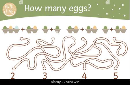Mathematiklabyrinth für Kinder zu Ostern. Frühjahrsaktivität im Vorschulalter. Pädagogisches Rätsel. Lustiges mathematisches Puzzlespiel mit Feiertagssymbolen. Süßer Countin Stock Vektor