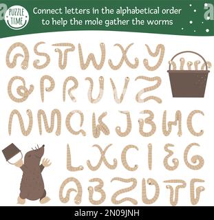 ABC-Spiel im Frühling mit niedlichen Figuren. Das Alphabet-Labyrinth im Garten für Vorschulkinder. Wähle Buchstaben von A bis Z aus, um dem Maulwurf zu helfen, das Wor zu sammeln Stock Vektor