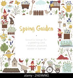 Quadratischer Vektorrahmen mit federnden Gartenwerkzeugen, Blumen, Kräutern, Pflanzen. Banner für Gartenelemente oder Einladung zu einer Party. Süße lustige Frühlingskarten-Vorlage. Stock Vektor
