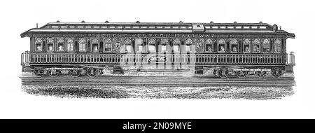 Antike Gravur des amerikanischen Schlafwagens im 19. Jahrhundert. Illustration veröffentlicht in Systematischer Bilder Atlas - Bauwesen, Ikonographische en Stockfoto
