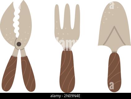 Vektorsatz mit farbigen Gartenwerkzeugen. Sammlung von Gartengeräten. Flachfeder Darstellung von kleinen Spaten, Handgabel, Baumschere isoliert auf Stock Vektor