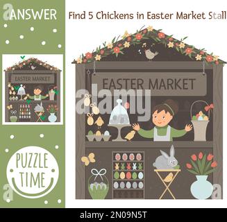 Ostersuchspiel für Kinder mit Frühlingsshop mit farbigen Eiern und Häschen. Süße, lustige, lächelnde Figuren. Finde versteckte Hühner im Marktstand.