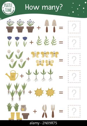 Mathematikspiel mit Gartensymbolen. Mathematikaktivität im Frühjahr für Vorschulkinder. Druckbares Arbeitsblatt für die Zählung. Pädagogisch zusätzliches Rätsel mit niedlich Stock Vektor