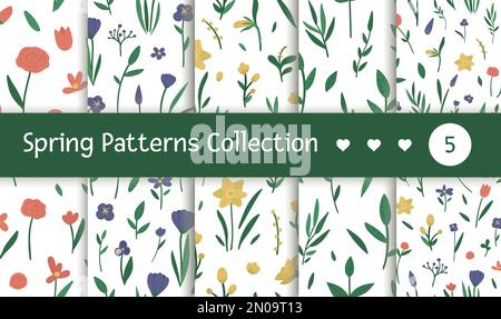 Vektorset nahtloser Muster mit verschiedenen Blumenelementen. Ein paar Gartenhintergründe, die sich mit dekorativen Pflanzen wiederholen. Struktur mit Feder und Su Stock Vektor