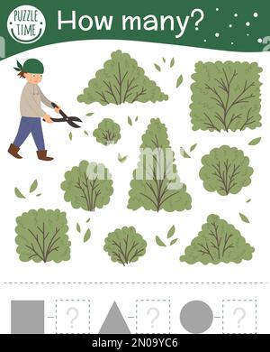 Zählspiel mit einem Jungen, der Sträucher schneidet. Mathematikaktivität im Frühjahr für Vorschulkinder. Wie viele Objekte ein Arbeitsblatt mit Formen enthält. Pädagogisches Rätsel mit Cu Stock Vektor