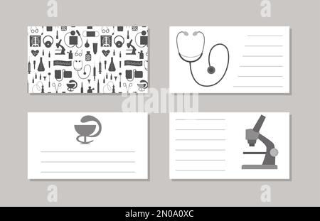 Satz von Vektormedikamentenvorlagen für Visitenkarten. Vorgefertigte Designs mit süßen Cartoon medizinischen Elementen. Gesundheitspflege flache Illustration. Stock Vektor