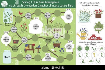 Gartenabenteuer Brettspiel zum Schneiden und Kleben für Kinder mit niedlichen Figuren. Pädagogische Aktivität im Frühling. Geh durch den Garten und versammle Al Stock Vektor