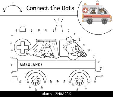 Vektor-Punkt-zu-Punkt-Aktivität mit Ambulanz und niedlichen Tieren. Verbinde das Dots-Spiel. Bärenarzt fährt Notfallwagen mit kranker Maus. Witzige Spezialmedizin Stock Vektor