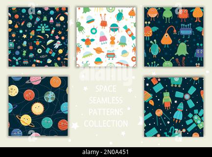 Vektorsammlung nahtloser Muster im Raum. Helle und fröhliche Wiederholungen mit Planeten, Sternen, Raumtechnik, Aliens, Satelliten, mond, Sonne Stock Vektor