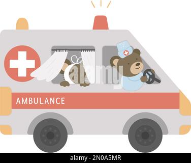 Vektorwagen mit niedlichen Tieren drinnen. Bärenarzt fährt Notfallwagen mit kranker Maus. Lustige spezielle medizinische Transportdarstellung für Kinder. Stock Vektor