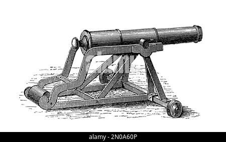 Antike Illustration aus dem 19. Jahrhundert mit deutschen und preußischen Artilleriewaffen und Toos (XVII-XVIII. Jahrhundert): 12- und 40-Pfünder-Kanonen, Schusswaffen, Stockfoto