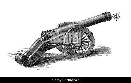 Antike Illustration aus dem 19. Jahrhundert mit deutschen und preußischen Artilleriewaffen und Toos (XVII-XVIII. Jahrhundert): 12- und 40-Pfünder-Kanonen, Schusswaffen, Stockfoto