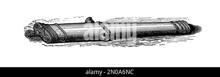 Antike Gravur aus dem 19. Jahrhundert, die Artilleriewaffen und -Werkzeuge darstellt (XVI-XIX. Jahrhundert): Kanone, 10-Pfünder-Haubitze, Limber, Steißlage, Kanister. ICH Stockfoto