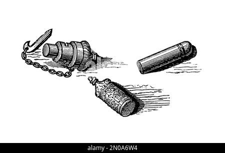 Antike Gravur aus dem 19. Jahrhundert, die Artilleriewaffen und -Werkzeuge darstellt (XVI-XIX. Jahrhundert): Kanone, 10-Pfünder-Haubitze, Limber, Steißlage, Kanister. ICH Stockfoto