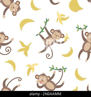 Nahtloses Vektormuster mit niedlichen Affen und Bananen. Lustige tropische Tiere und Obst-Digitalpapier. Heller, flacher Hintergrund für Kinder. Dschungel Sum Stock Vektor