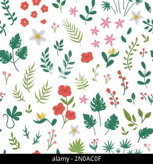 Vektor tropische Blumen Blätter und Zweige nahtloses Muster. Dschungellaub und Blumenstruktur. Handgezogenes, flaches, exotisches Papier. Helles Chi Stock Vektor
