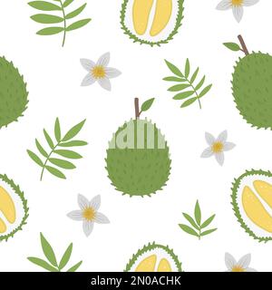 Nahtloses Vektor-Durian-Muster. Dschungelfrucht im Hintergrund. Handgezeichnete, flache, exotische Textur. Helles, kindliches, gesundes, tropisches, digitales Sommerpapier. Stock Vektor