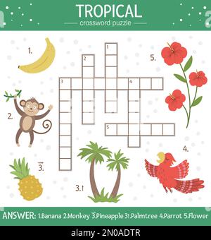 Vector-Sommer-Kreuzworträtsel für Kinder. Quiz mit tropischen Elementen für Kinder. Informative Dschungelaktivität mit niedlichen lustigen Figuren Stock Vektor