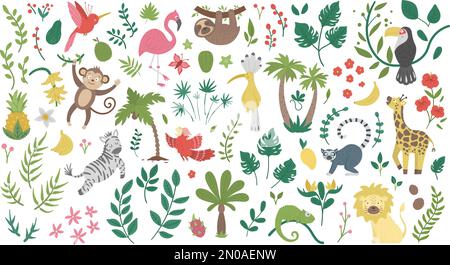Vektorset mit süßen exotischen Tieren, Blättern, Blumen, Früchten isoliert auf weißem Hintergrund. Lustige tropische Vögel und Pflanzen Illustration. Hell flach p Stock Vektor