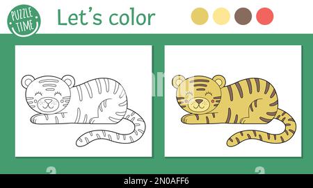 Tropische Farbseite für Kinder. Vektortiger-Illustration. Süße, lustige Tierfigur. Dschungel-Sommer-Farbbuch für Kinder mit farbigen Farben Stock Vektor
