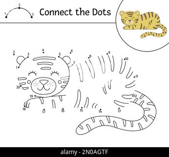 Vektor-Punkt-zu-Punkt-Aktivität mit niedlichem Tier. Verbinde das Dots-Spiel. Tiger-Linienzeichnung. Lustige tropische Farbseite für Kinder. Stock Vektor