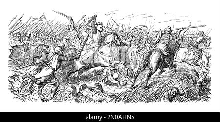 Antikes Bild der Schlacht von Legnica zwischen dem mongolischen Reich und den Verteidigungskräften der europäischen Kämpfer, die am 9. April 1241 stattfand. Stockfoto