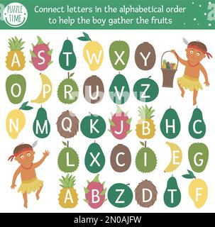 Tropisches ABC-Spiel mit niedlichen Figuren. Exotische Alphabet-Labyrinth-Aktivität für Vorschulkinder. Wähle Buchstaben von A bis Z, um dem Jungen dabei zu helfen, Früchte zu sammeln Stock Vektor