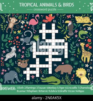Vector-Sommer-Kreuzworträtsel für Kinder. Quiz mit tropischen Tieren und Vögeln für Kinder. Informative Dschungelaktivität mit niedlichen lustigen Figuren Stock Vektor