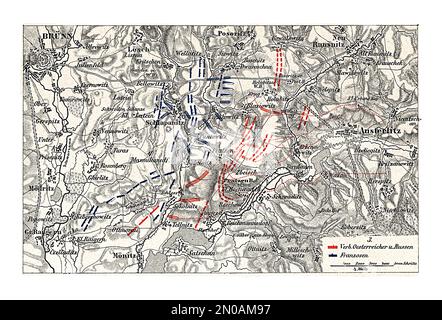 Antike Gravur aus dem 19. Jahrhundert der Schlacht von Austerlitz, die am 2. Dezember 1805 stattfand. Es war Napoleons größter Sieg, den Th zu zerstören Stockfoto