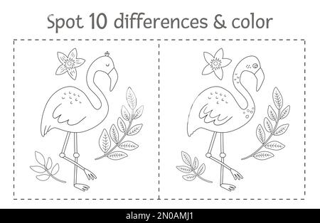 Tropische Fundstücke und Farbspiele für Kinder. Sommer schwarz-weiß tropische Vorschulaktivität mit Flamingo. Lustige Malseite für Kinder Stock Vektor