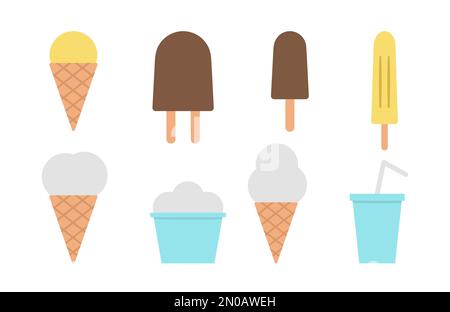 Vector-Eiscreme- und Getränkeklemmenset. Süße Auswahl an süßen Sommerdesserts. Darstellung von Eiscreme isoliert auf weißem Hintergrund. Flacher Stil Stock Vektor