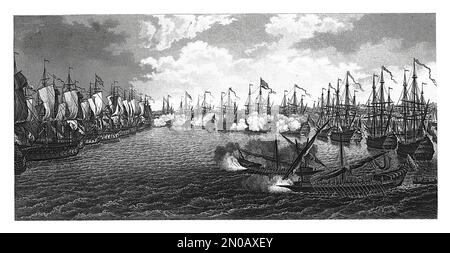 Antike Illustration aus dem 19. Jahrhundert, die die Schlacht von Chesma darstellt. Sie fand am 5 -7. Juli 1770 in der Nähe und in der Chesma Bay zwischen dem Osmanischen Reich an statt Stockfoto