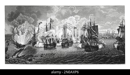 Antike Illustration aus dem 19. Jahrhundert, die die Rout der türkischen Flotte während der Schlacht von Chesma darstellt. Die Schlacht fand am 5 -7. Juli 1770 in der Nähe von an statt Stockfoto