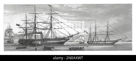 Antike Gravur aus dem 19. Jahrhundert mit Dampffregatten aus dem 19. Jahrhundert. Illustration veröffentlicht in Systematischen Bilder Atlas - Kriegwesen und Seewe Stockfoto