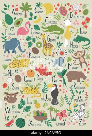 Tropisches Alphabet für Kinder. Süßes flaches ABC mit Dschungeltieren, Obst, Vögeln, Pflanzen. Lustiges Poster mit vertikaler Anordnung zum Lektorat auf beigefarbenem Ba Stock Vektor