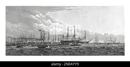 Antike Illustration der Flottenbewertung der Royal Navy in Spithead im Jahr 1853. Von links nach rechts: 1. Leopard, 12-Pistolen-Fregatte, 2. Odin, Dampf- Stockfoto