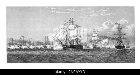 Eine antike Gravur, die die Flottenbewertung der Royal Navy in Spithead im Jahr 1853 darstellt. Von links nach rechts: 1. Highflyer, 21-Pistolen-Fregatte, 2. Imperieuse, 6 Stockfoto