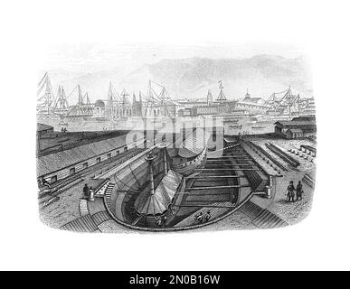 Antike Gravur von Trockendock. Illustration veröffentlicht in Systematischen Bildern Atlas - Kriegwesen und Seewesen, Ikonographische Encyklopaedie der Wisse Stockfoto