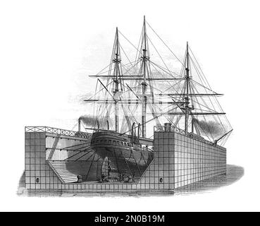 Antike Illustration eines Trockendocks. Gravur veröffentlicht in Systematischer Bilder Atlas - Kriegwesen und Seewesen, Ikonographische Encyklopaedie der Wisse Stockfoto