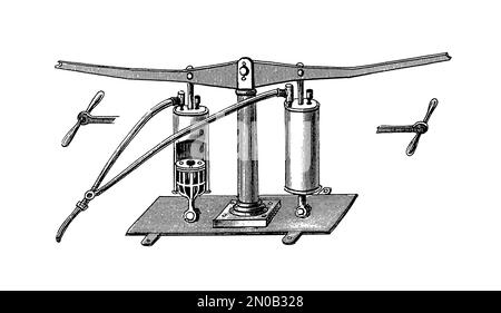 Antike Darstellung von Torpedos und einer Luftpumpe. Gravur im Systematischen Bildatlas - Kriegwesen und Seewesen, Ikonographische Encyk Stockfoto