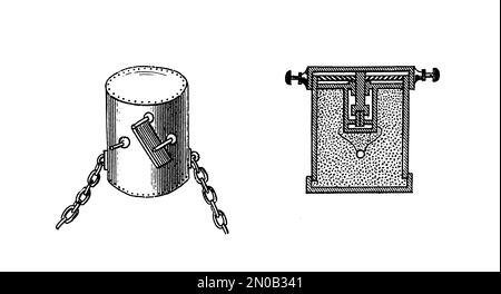 Gravur von Torpedos und Luftpumpe aus Kriegwesen und Seewesen aus dem 19. Jahrhundert mit mechanischer Konstruktion von Marinewaffen und maritimer Technik. Stockfoto